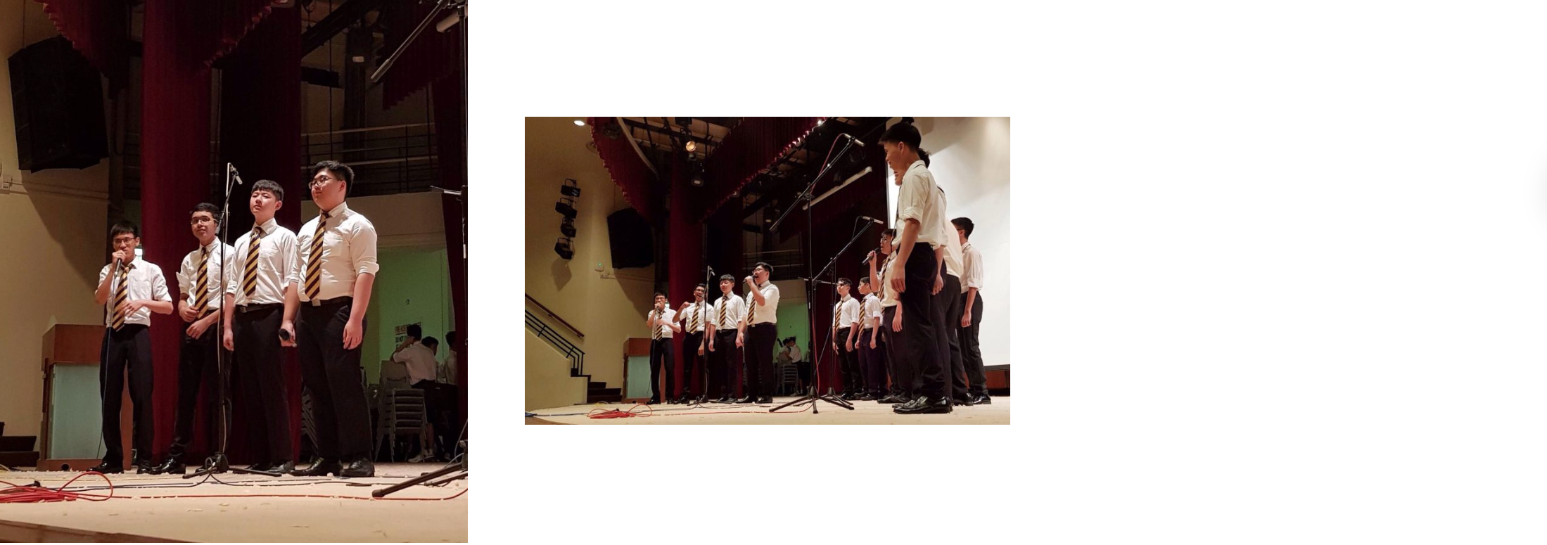 Young men in white shirts and striped ties perform on a stage with microphones in a hall with red curtains.